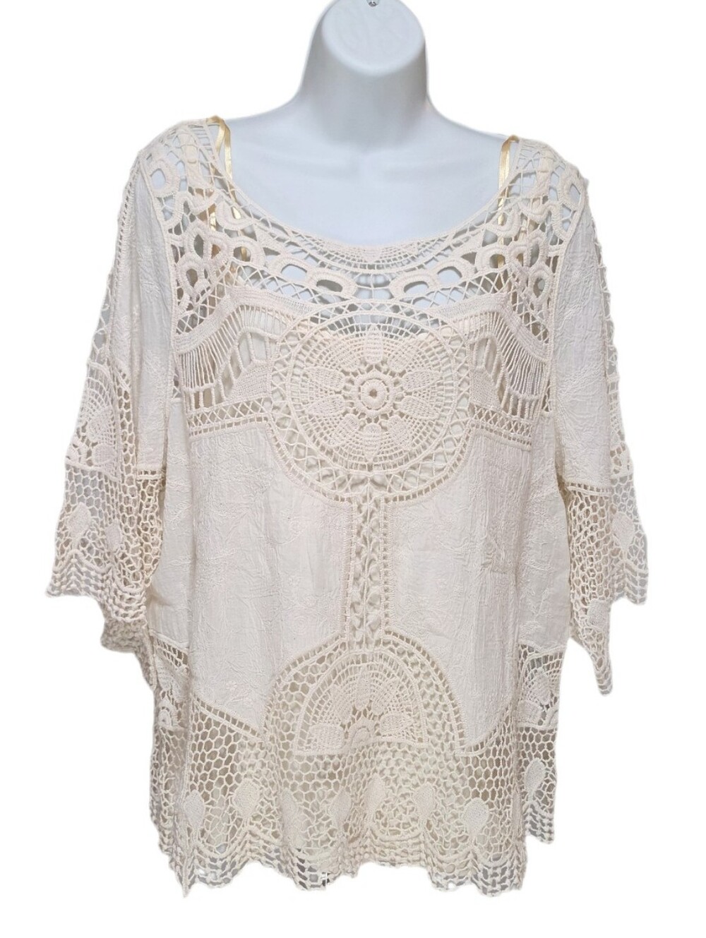 Democracy 3/4 Bell Sleeve Layered Open Crochet Lace Embroidered Boho Top M